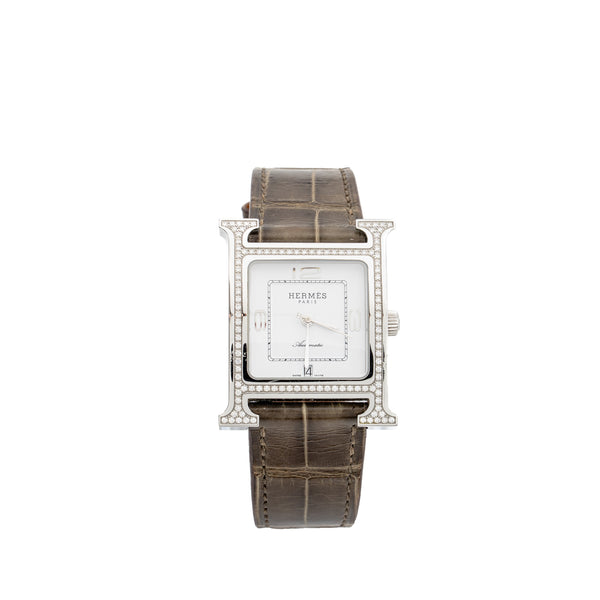 Hermes 30mm Heure H Watch, Medium Model Alligator Strap with Diamonds