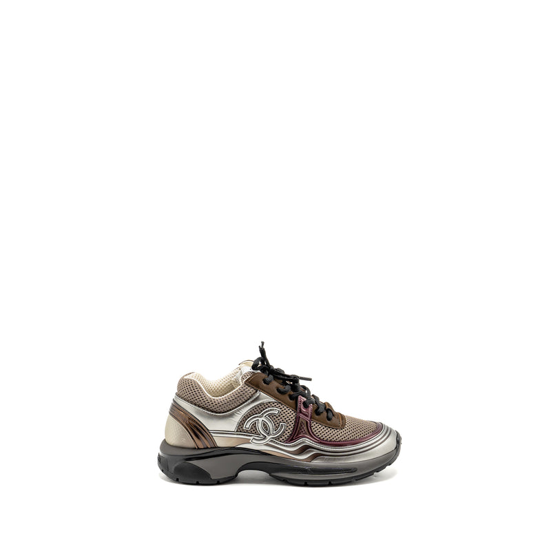 Chanel Size 38 23A CC Logo Sneakers Fabric/Laminated Khaki/Silver/Dark Purple