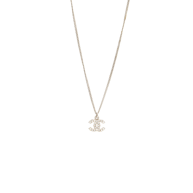 Chanel small model cc logo crystal necklace silver tone