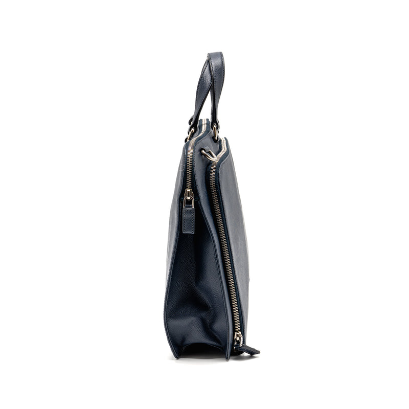 Prada Saffiano Travel Briefcase Calfskin Dark Blue SHW