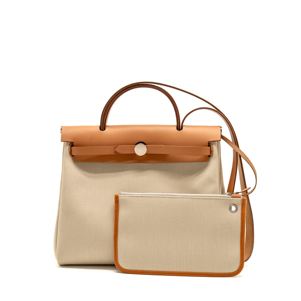 Hermes Herbag 31 Zip Bag Canvas/Hunter Leather Beton/Nature SHW Stamp Z