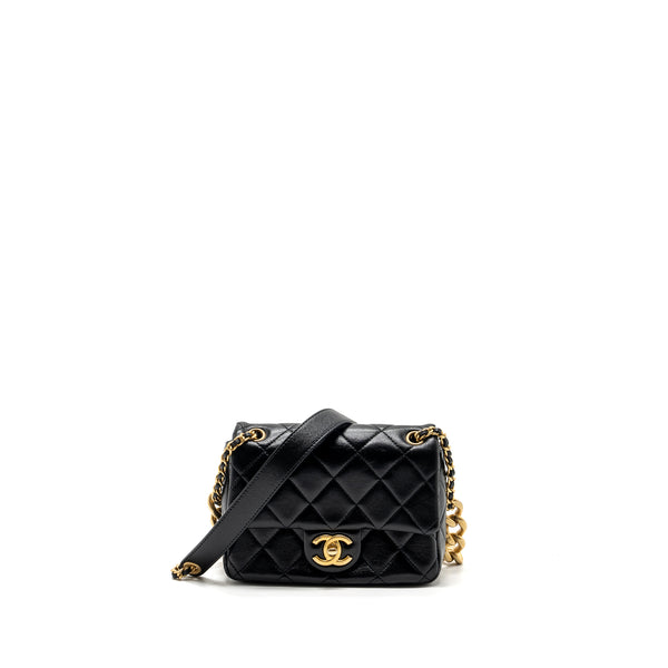 Chanel seasonal mini square flap bag with detailed chain strap calfskin black GHW (Microchip))