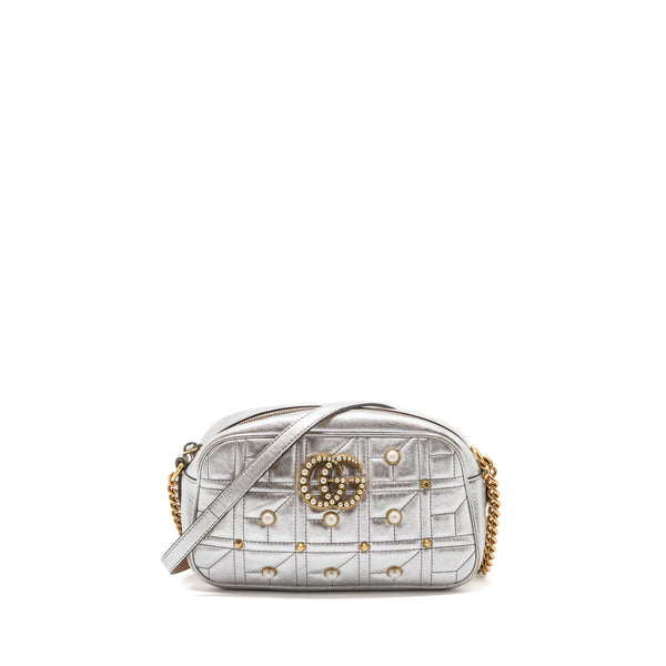 Gucci GG Marmont Camera Bag With Pearl Leather Silver GHW