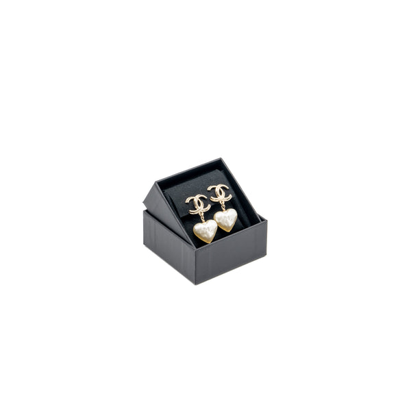 Chanel CC Logo Heart Drop Earclips Light Gold Tone