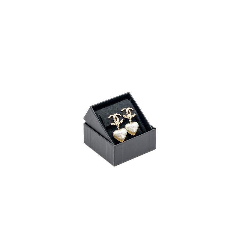 Chanel CC Logo Heart Drop Earclips Light Gold Tone