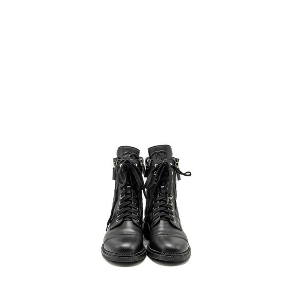 Chanel Size 38 Quilted Lace Up Combat Boots Calfskin Black SHW