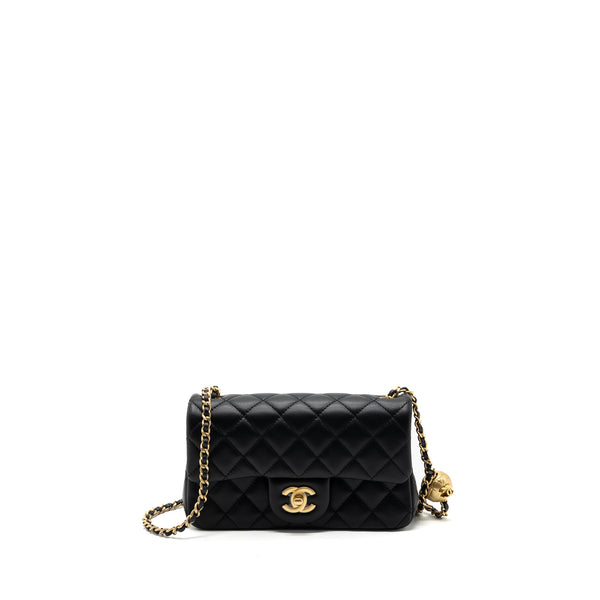 Chanel 23k Pearl Crush Mini Rectangular Flap Bag Lambskin Black Brushed GHW(Microchip)
