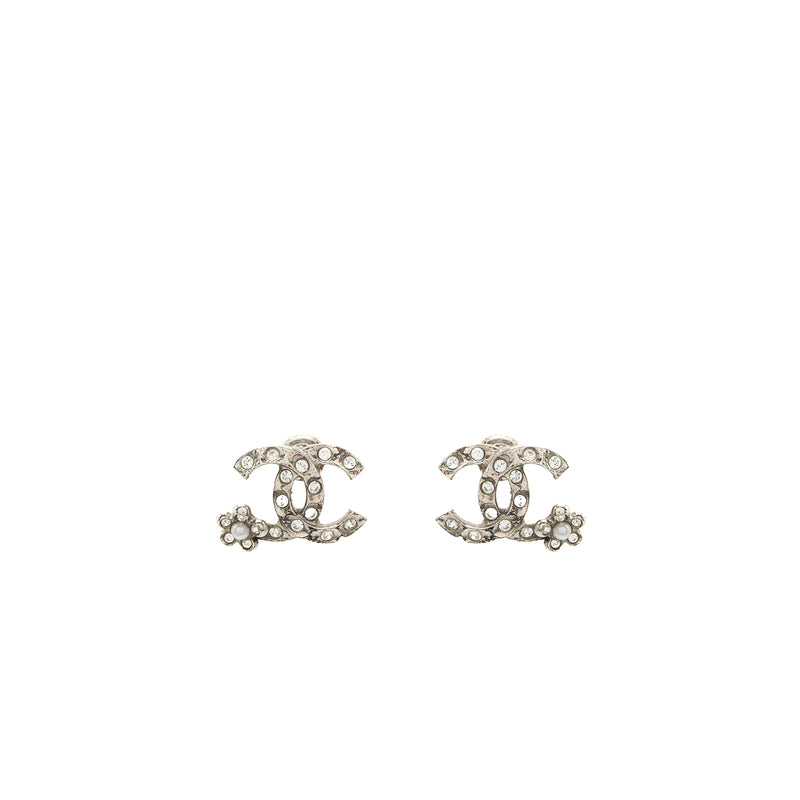 Chanel CC Logo Earrings Crystal Silver Tone