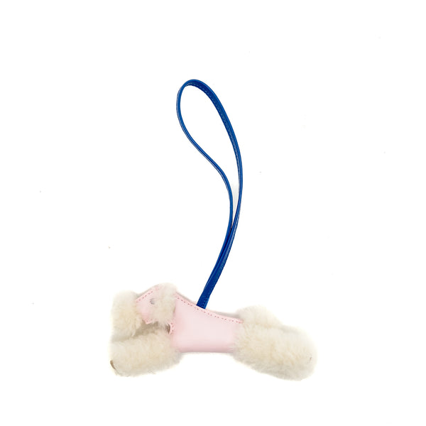 Hermes Budy Shearing Bag Charm Wool/Lambskin Rose Darling/Blue France Stamp K