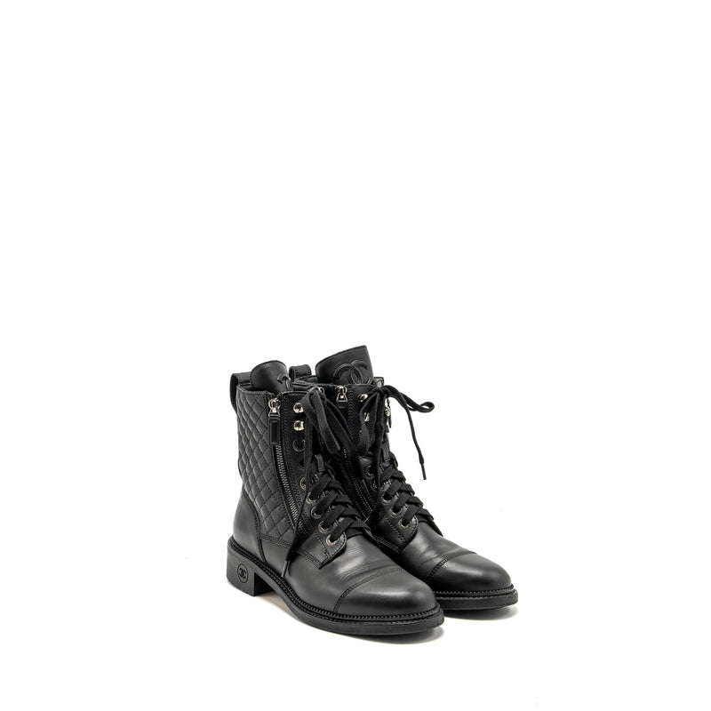 Chanel Size 38 Quilted Lace Up Combat Boots Calfskin Black SHW