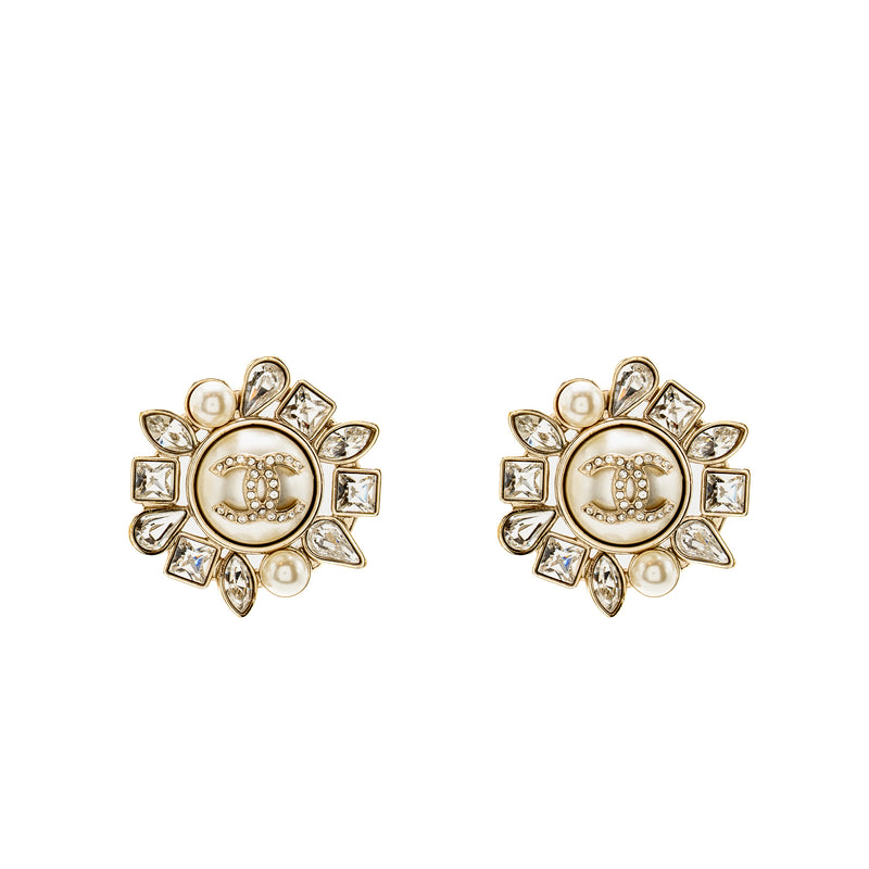 Chanel Giant Geometric CC Logo Earrings Pearl/Crystal Light Gold Tone