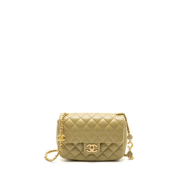 Chanel quilted flap bag with coco love chain lambskin khaki green GHW(Microchip)