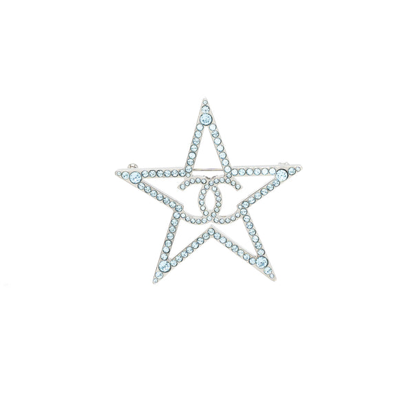 Chanel Star CC Logo Brooch Crystal Light Blue With Ruthenium Hardware