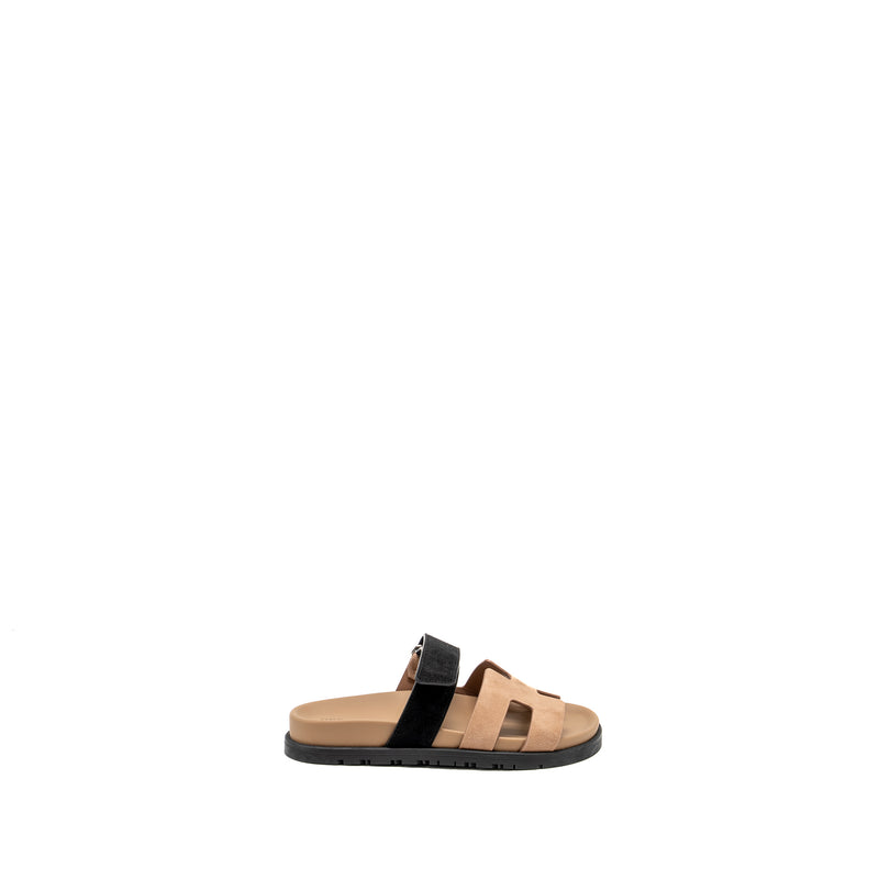 Hermes Size 34 Chypre Sandals Chèvre Suede Rose Perle / Noir