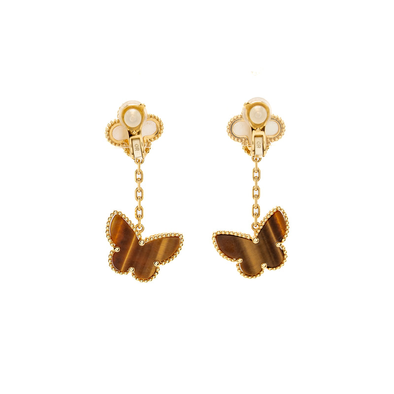 Van Cleef & Arpels  Lucky Alhambra 2-Motif Ear Clips Yellow Gold, White Mother of Pearl, Tiger’s Eye