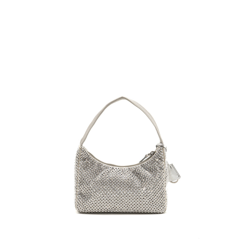 Prada Re-Edition Satin Crystal Mini Bag Silver SHW