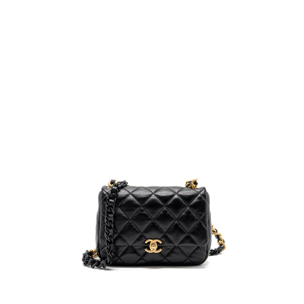 Chanel Quilted Flap Bag Giant Chain Lambskin Black Gold And Black Hardware (microchip)