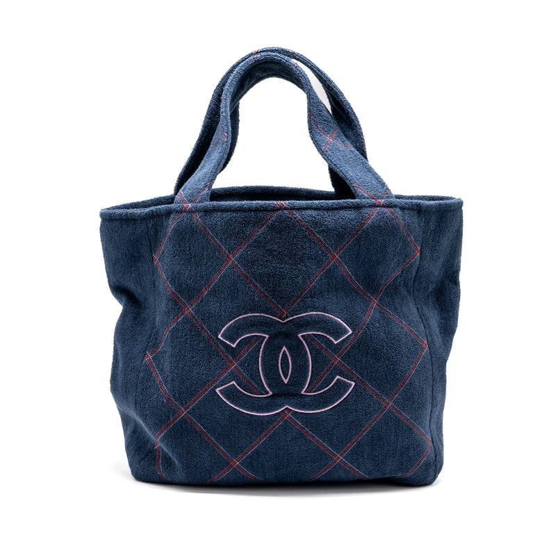 Chanel Coco Beach Tote Bag with Towel/Pouch Set Terry Cloth Navy SHW