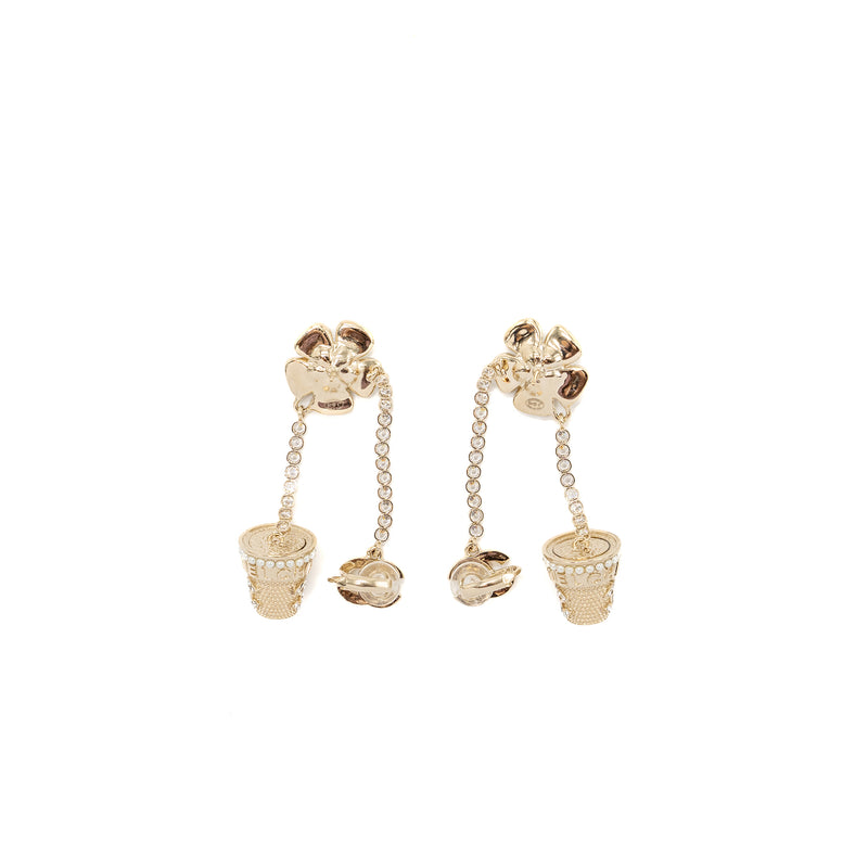 Chanel Camellia Dropped Earrings Pearl/Crystal Light Gold Tone