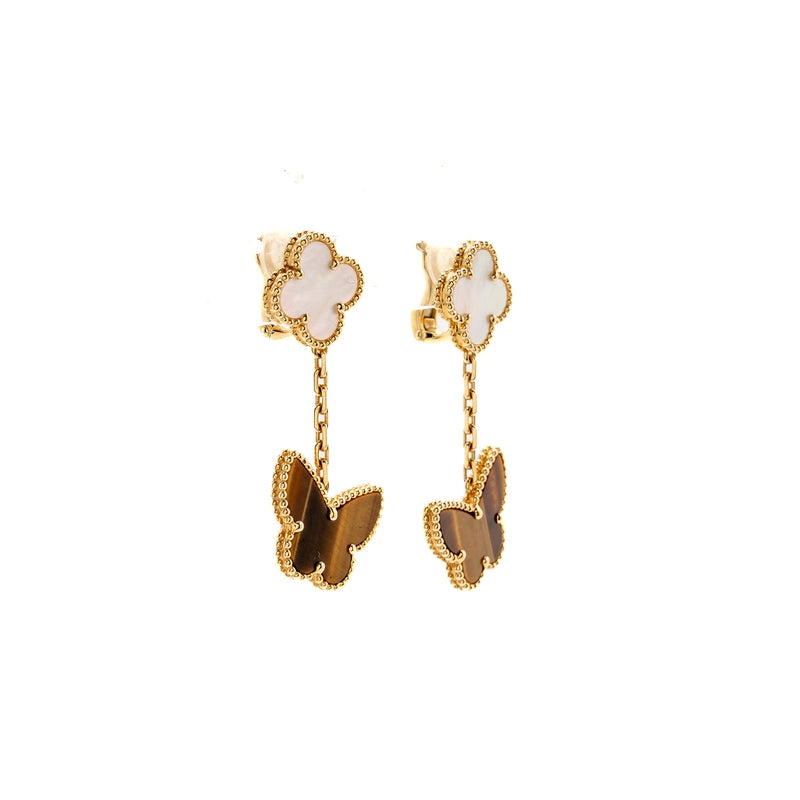 Van Cleef & Arpels  Lucky Alhambra 2-Motif Ear Clips Yellow Gold, White Mother of Pearl, Tiger’s Eye