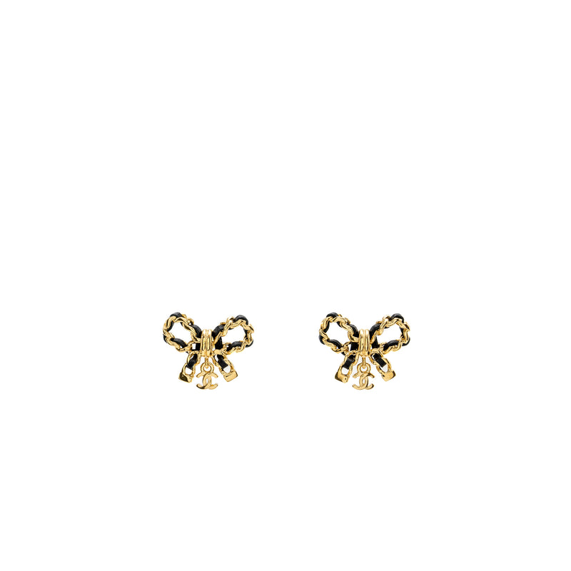 Chanel leather weave bow earrings black with gold tone