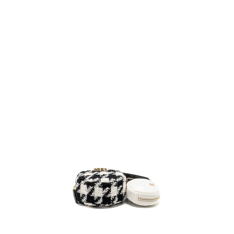 Chanel 19 round clutch  with chain with coin purse tweed / lambskin black/ white GHW