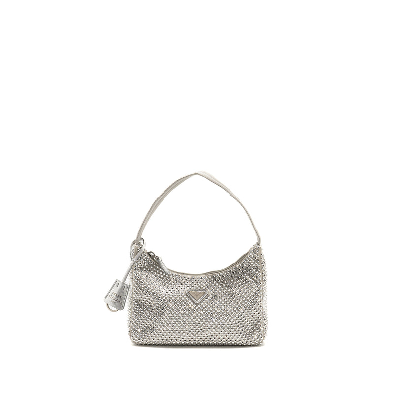 Prada Re-Edition Satin Crystal Mini Bag Silver SHW