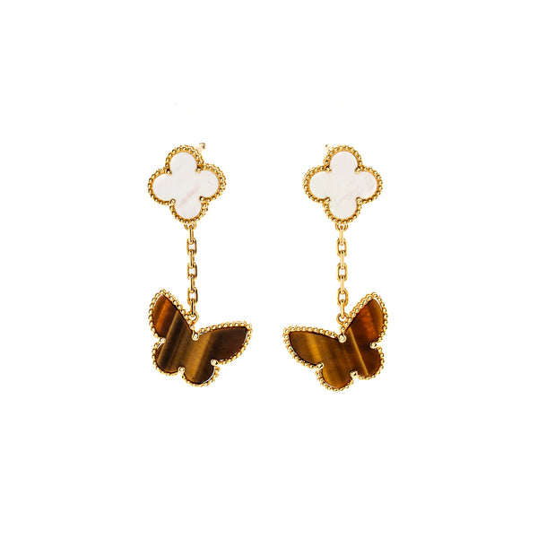 Van Cleef & Arpels  Lucky Alhambra 2-Motif Ear Clips Yellow Gold, White Mother of Pearl, Tiger’s Eye