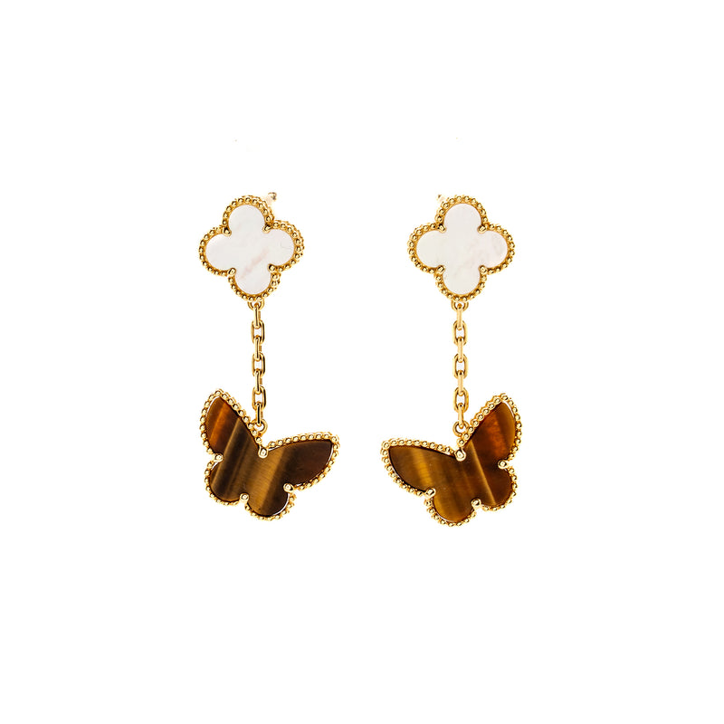 Van Cleef & Arpels  Lucky Alhambra 2-Motif Ear Clips Yellow Gold, White Mother of Pearl, Tiger’s Eye