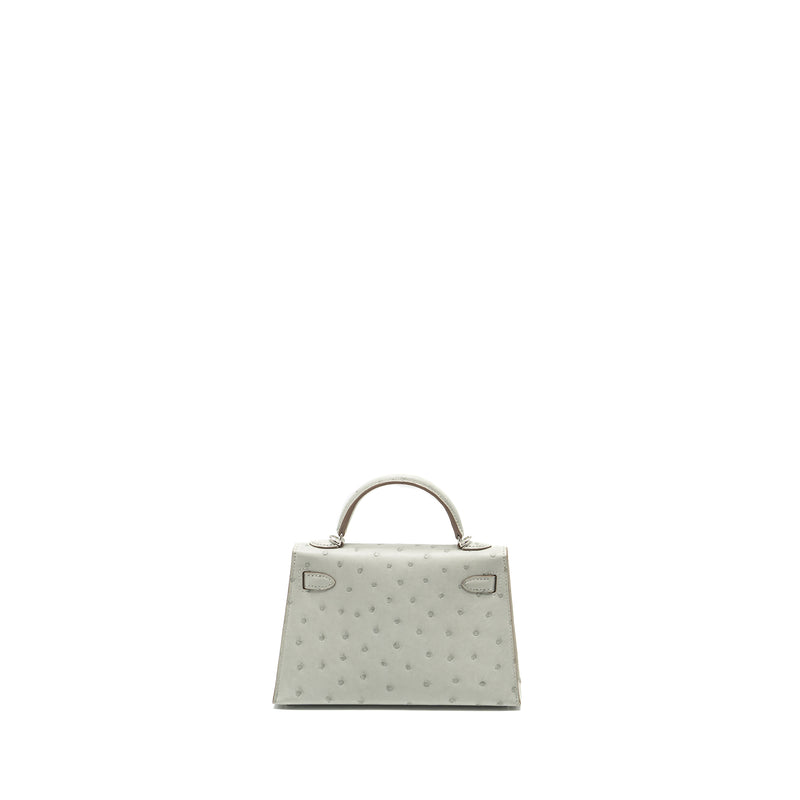 Hermes Mini Kelly II Special Order Ostrich Gris Perle/Jaune Amber SHW Stamp B