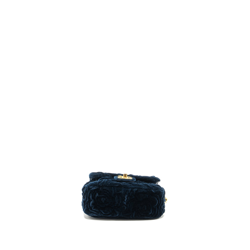 Chanel Camellia Embossed Mini Square Flap Bag Velvet Navy GHW (microchip)