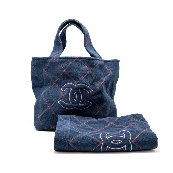 Chanel Coco Beach Tote Bag with Towel/Pouch Set Terry Cloth Navy SHW