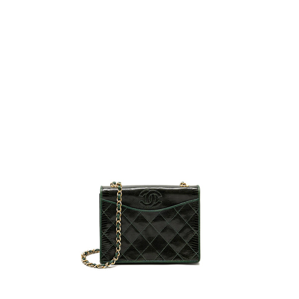 Chanel Vintage Envelop Flap Bag With Chain Lizard Dark Green GHW