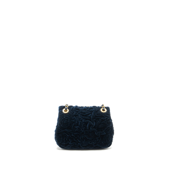 Chanel Camellia Embossed Mini Square Flap Bag Velvet Navy GHW (microchip)