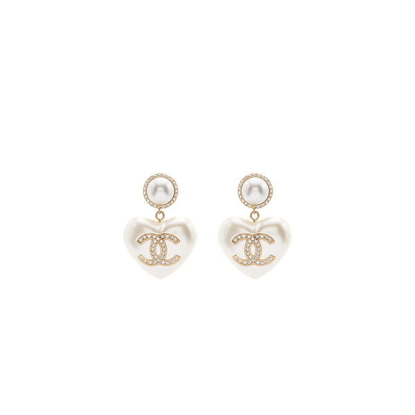 Chanel Heart Pearl Crystal CC Logo Earrings LGHW
