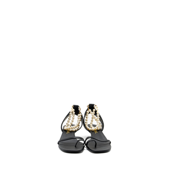 Chanel size 38 heel sandals with pearl leather black GHW