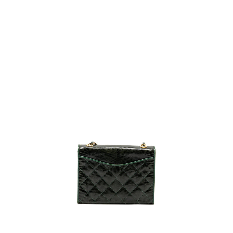 Chanel Vintage Envelop Flap Bag With Chain Lizard Dark Green GHW