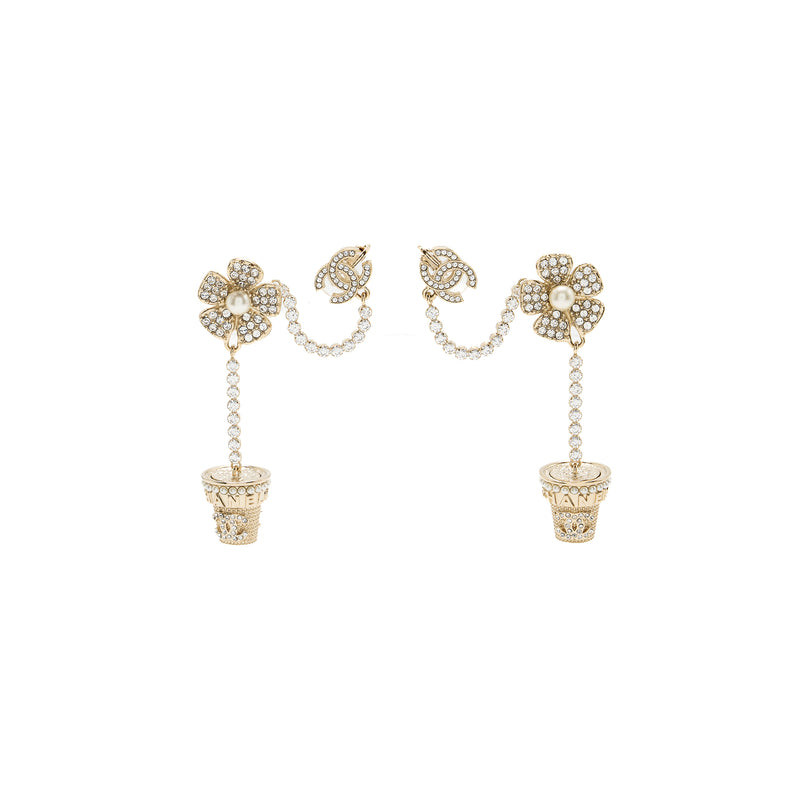 Chanel Camellia Dropped Earrings Pearl/Crystal Light Gold Tone