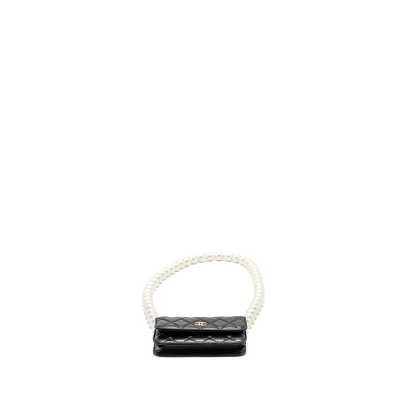 Chanel CC Logo Clutch with Giant Pearl Chain Lambskin Black LGHW