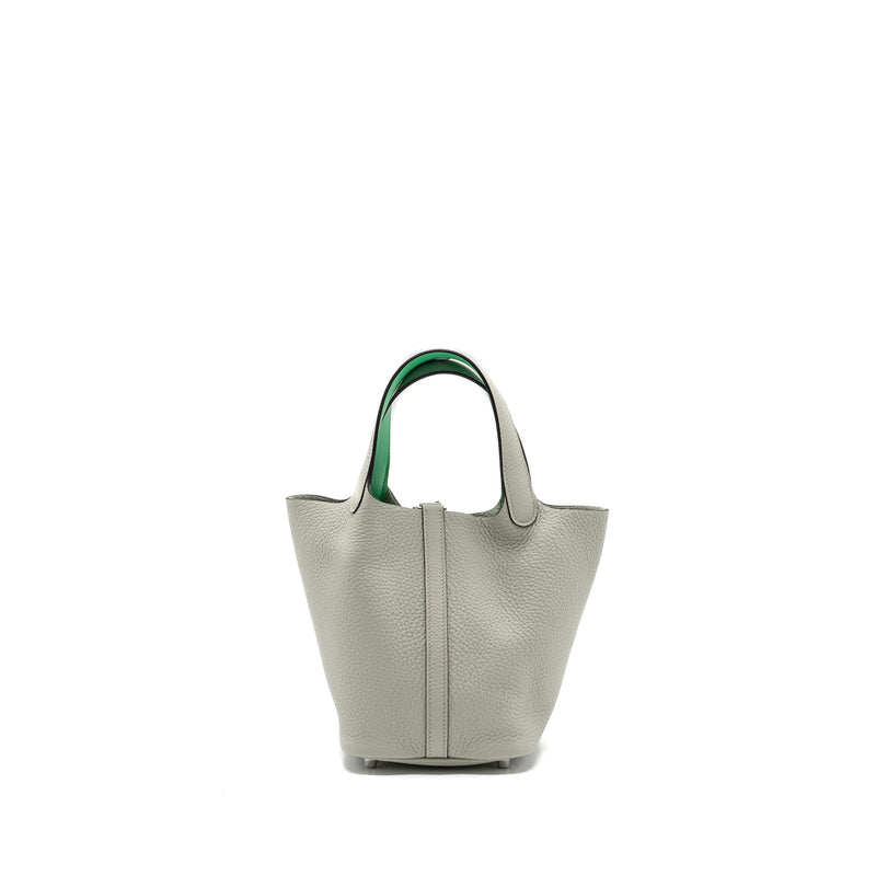 Hermes picotin 18 lock bag clemence / swift gris neve/ vert comics SHW stamp B