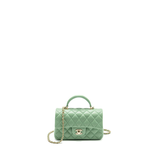 Chanel Top handle mini rectangular flap bag lambskin light green LGHW (microchip)