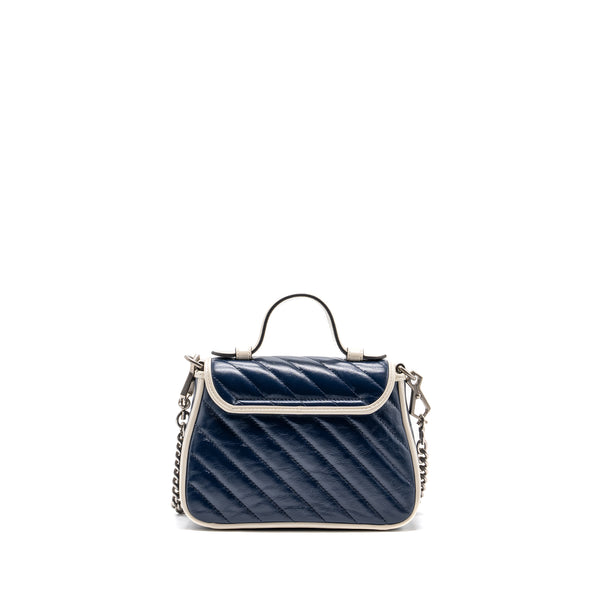 Gucci GG Marmont Top Handle Bag Calfskin Navy/ White SHW
