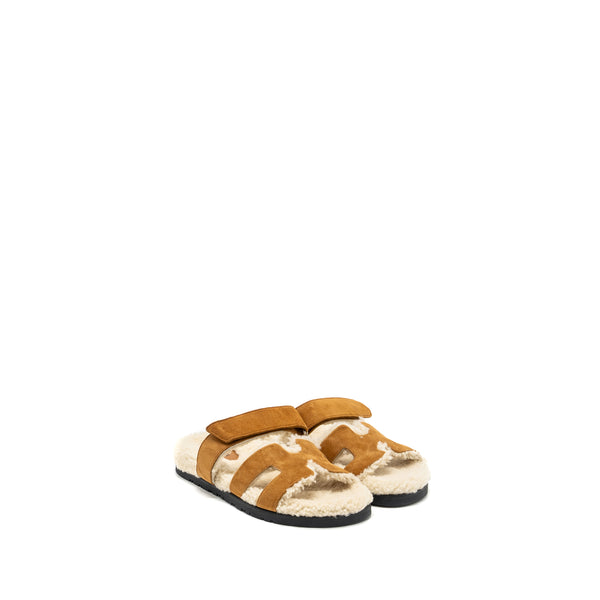 HERMES Size 38 Chypre Sandal Chevre goatskin /Shearling Naturel/Ecru
