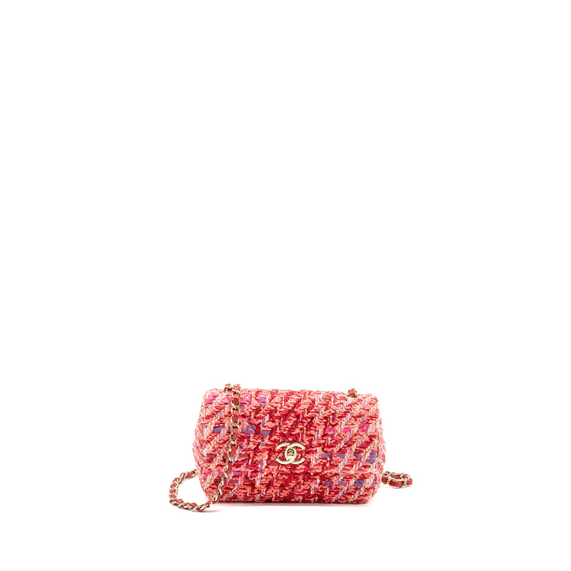 Chanel Mini Rectangular Flap Bag Tweed Multicolour Pink LGHW (Microchip)