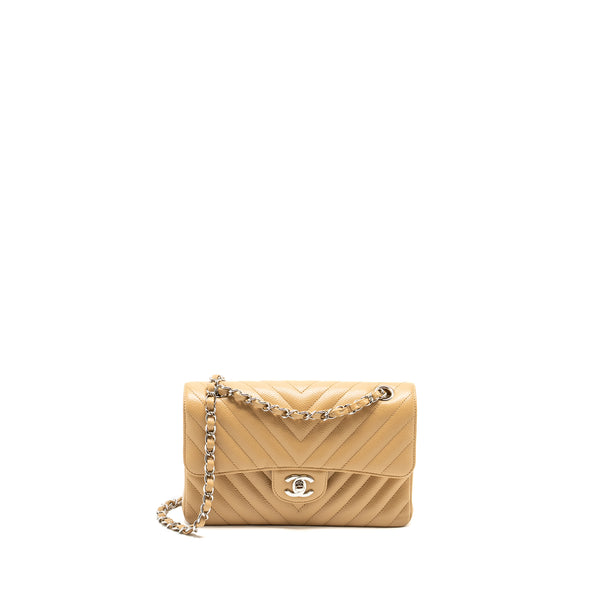 Chanel Small Classic Double Flap Bag Chevron Caviar Beige SHW