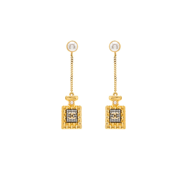 Chanel Perfume Bottle Drop Earrings Pearl/Crystal Gold Tone
