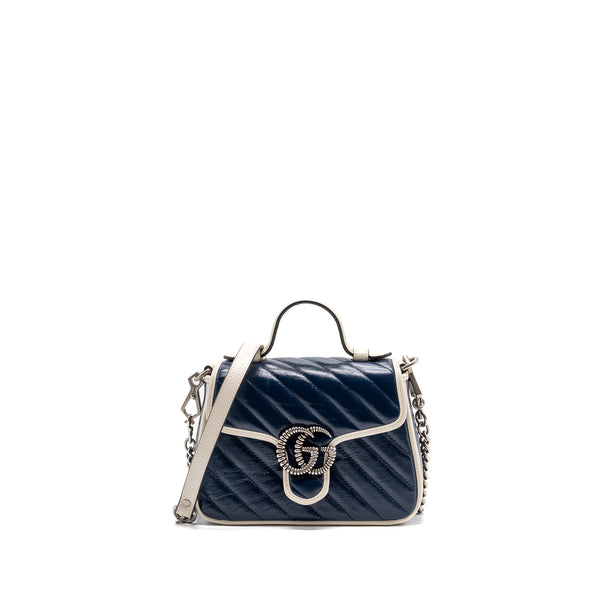 Gucci GG Marmont Top Handle Bag Calfskin Navy/ White SHW