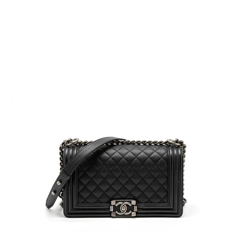 Chanel Medium Boy Bag Grained Calfskin Black Ruthenium Hardware