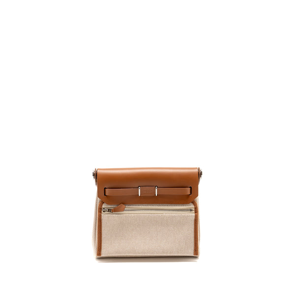 Hermes herbag mini canvas / hunter leather ecru-beige / fauve SHW stamp W