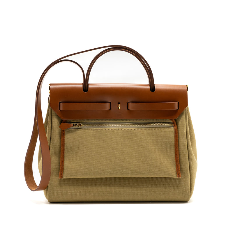 Hermes Herbag 31 Zip Bag Retourne Canvas/Vache Hunter Poussiere/Fauve GHW Stamp Y